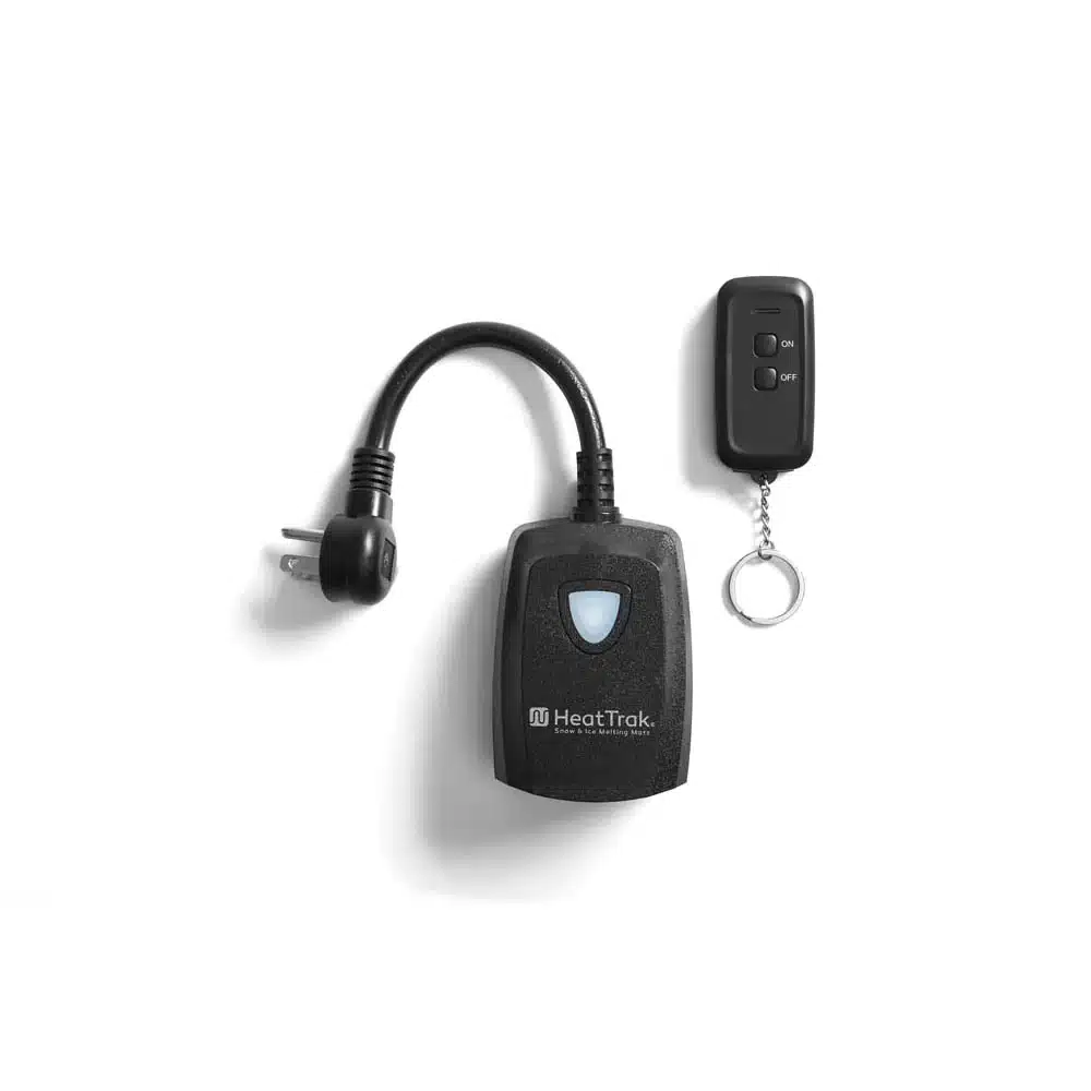 HeatTrak Wireless Two Outlet & Remote Control showing the receiver face, short power cord and key-ring remote