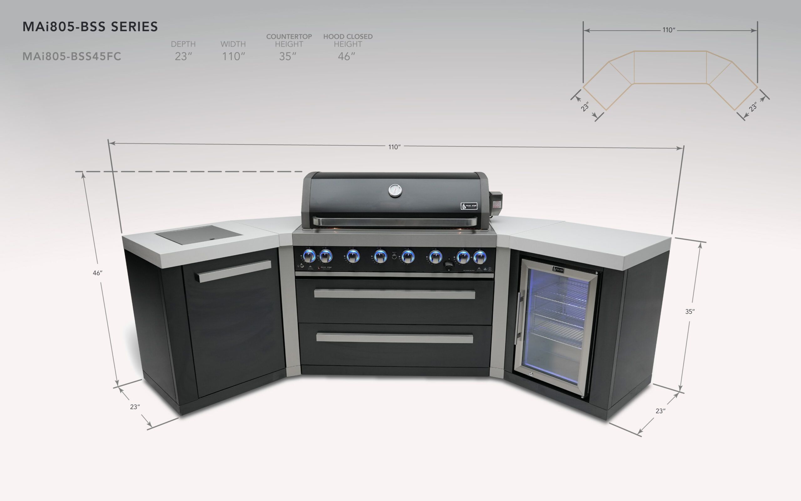 Mont Alpi 805 Black Stainless Steel Island with 45 Degree Corners and a Fridge Cabinet - Image 2