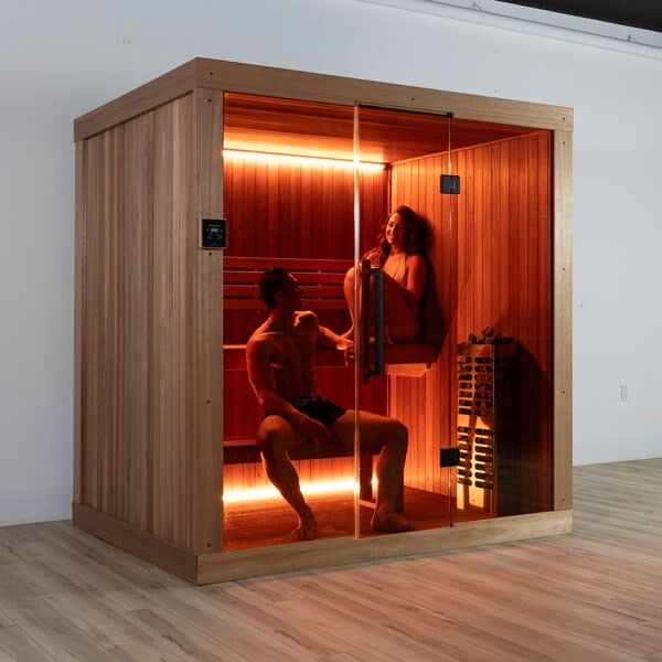 Element Studio indoor sauna with two people, glass front, optional lighting and heater (sold separately).