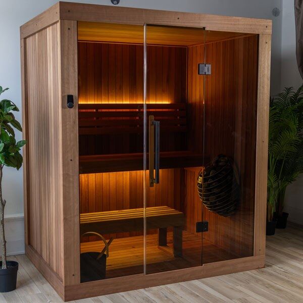 Element Loft indoor sauna with wood side panels, full glass front, optional lighting and heater (sold separately)