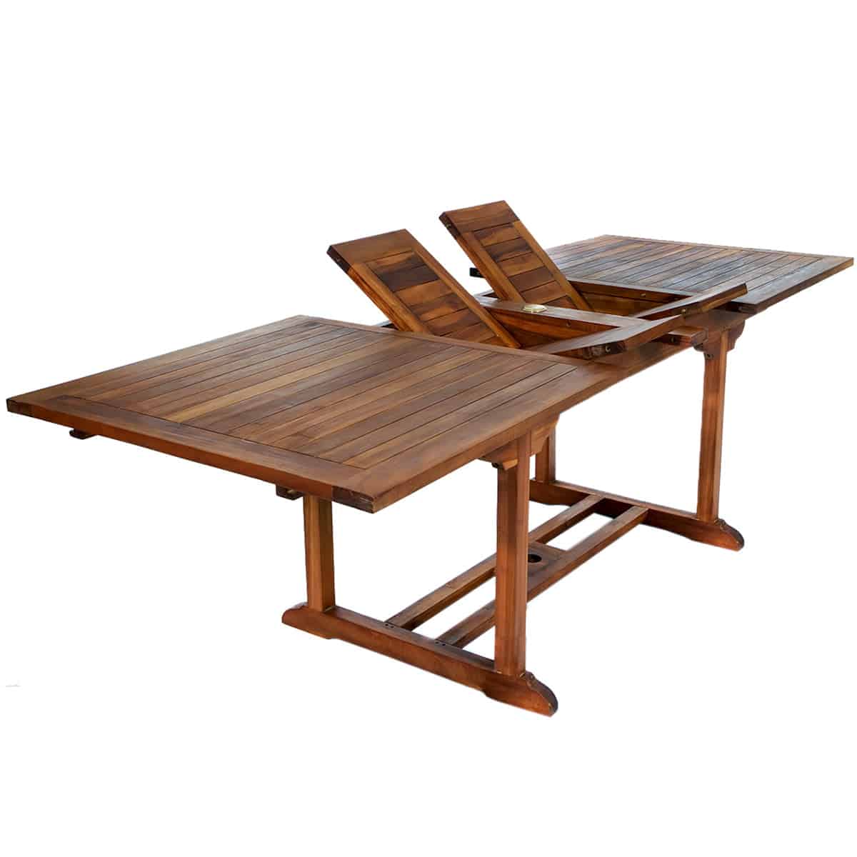7-Piece Twin Butterfly Leaf Teak Extension Table Stacking Chair Set with Green Cushions