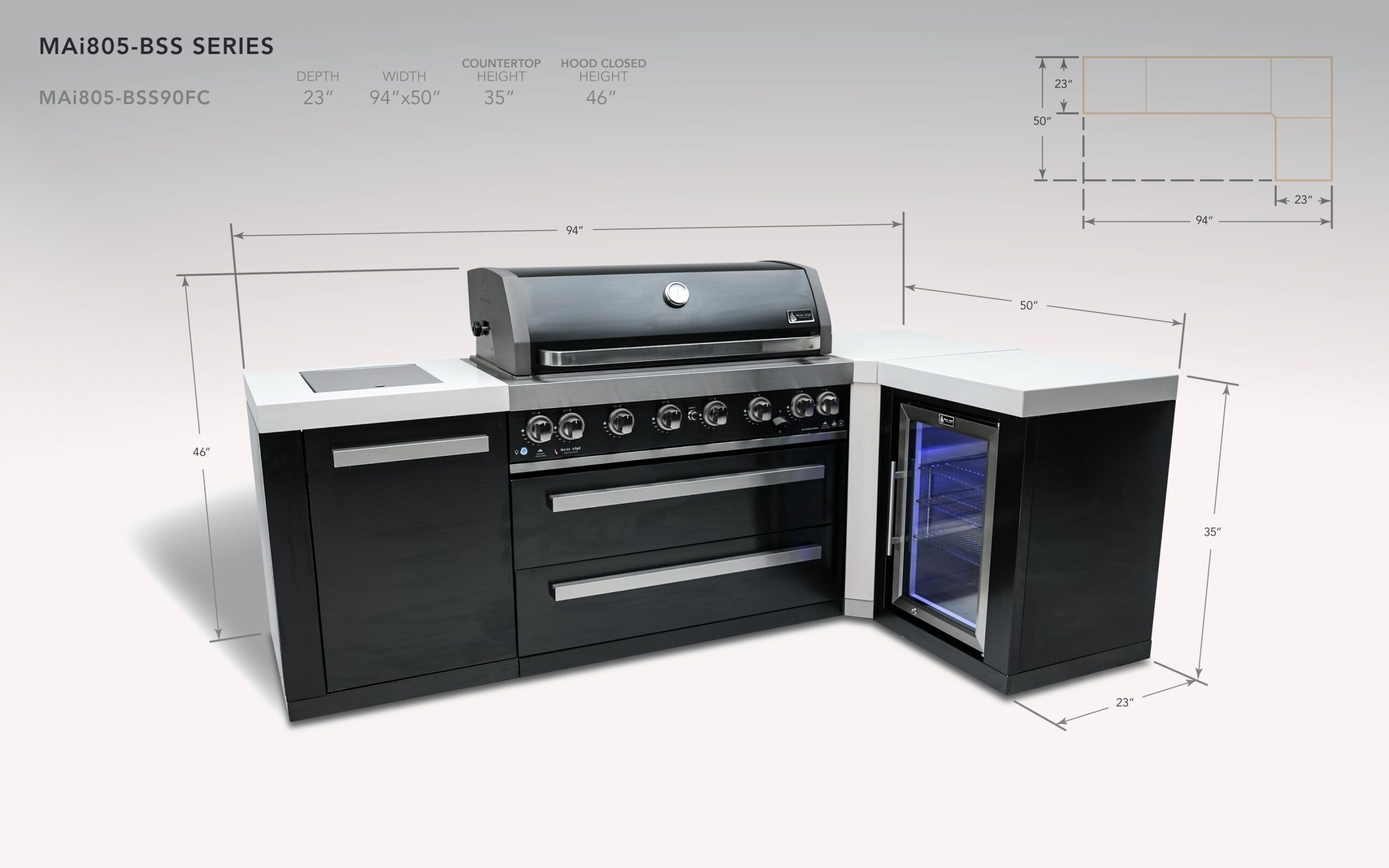 Mont Alpi 805 Black Stainless Steel Island with a 90 Degree Corner and a Fridge Cabinet - Image 2
