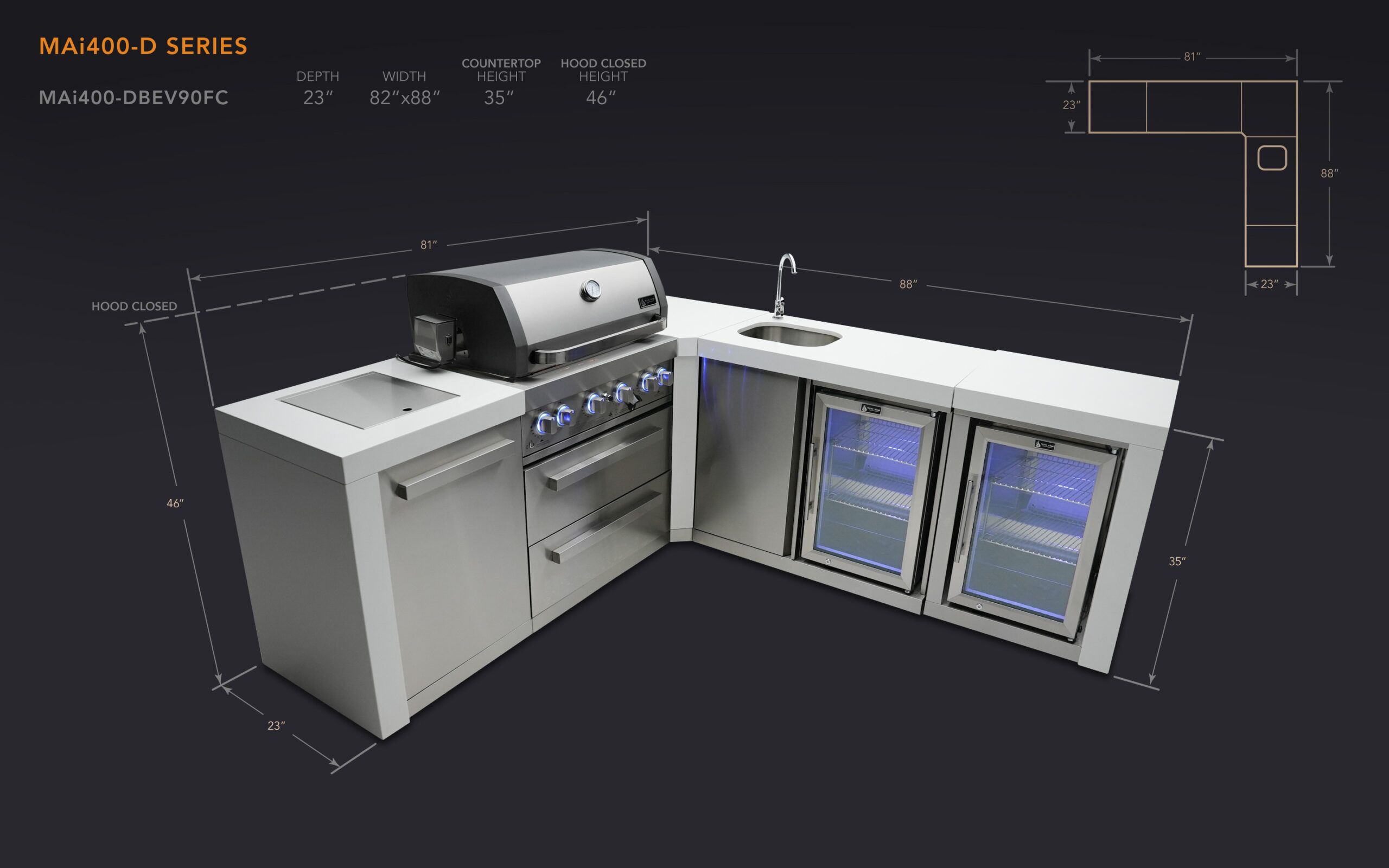 Mont Alpi 400 Deluxe Island with a 90 Degree Corner, Beverage center and Fridge Cabinet - Image 2